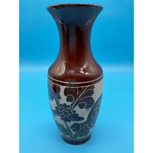 Vintage Brown Ceramic Vase Handcrafted Floral Design 11"x4" Retro Home Decor